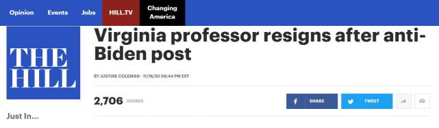 国际|发帖大骂拜登支持者，美国一大学教授道歉后辞职