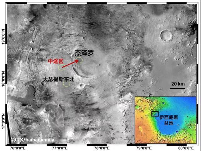 该区域的MRO CTX拼接影像 ， 原始分辨率5米/像素 。 来源：CTX [10] ， 制图：haibaraemily