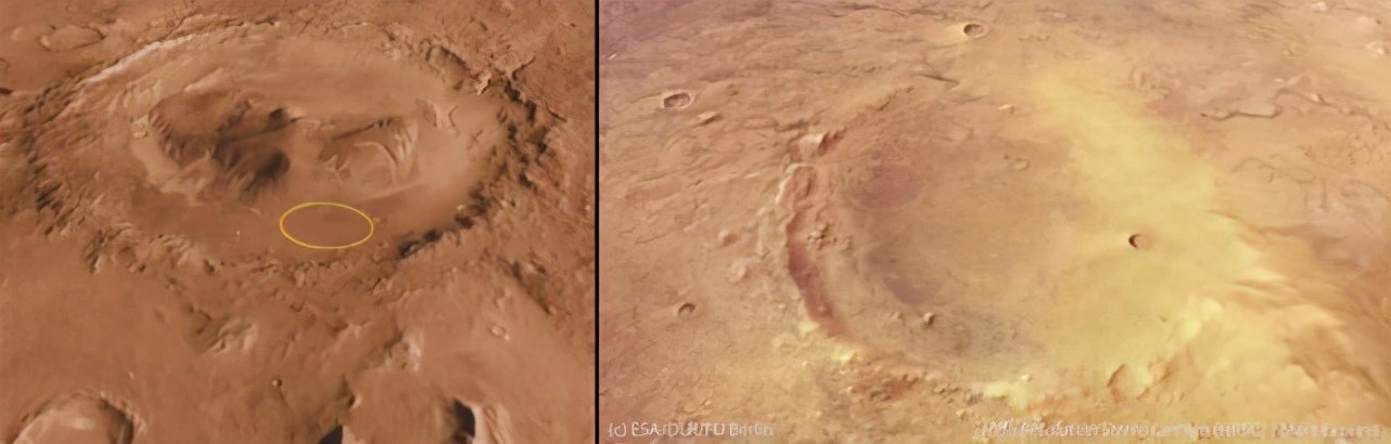 （左）盖尔撞击坑 ， 基于NASA多个火星环绕器影像数据的电脑模拟；（右）杰泽罗撞击坑 ， 火星快车HRSC影像