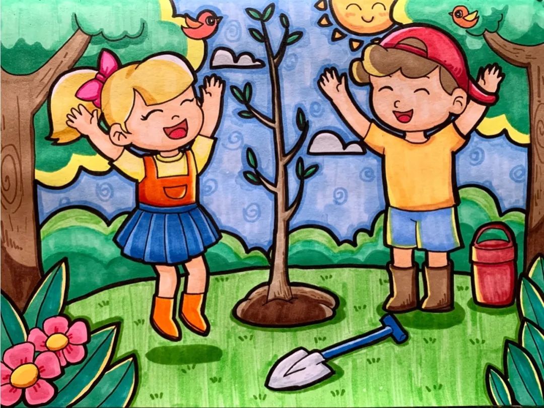 教程少儿美术画植树节到啦