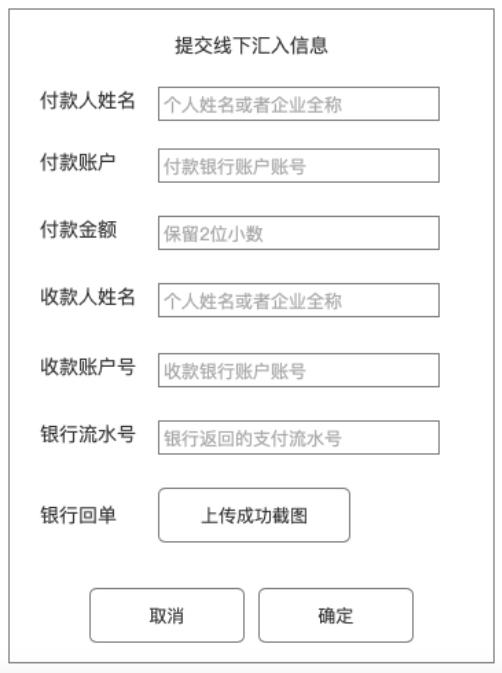 户信息，汇入账户的账户信息，汇入的账务银行返回流水号，银行回执单。八、线下汇入系统支付单管理客户提交