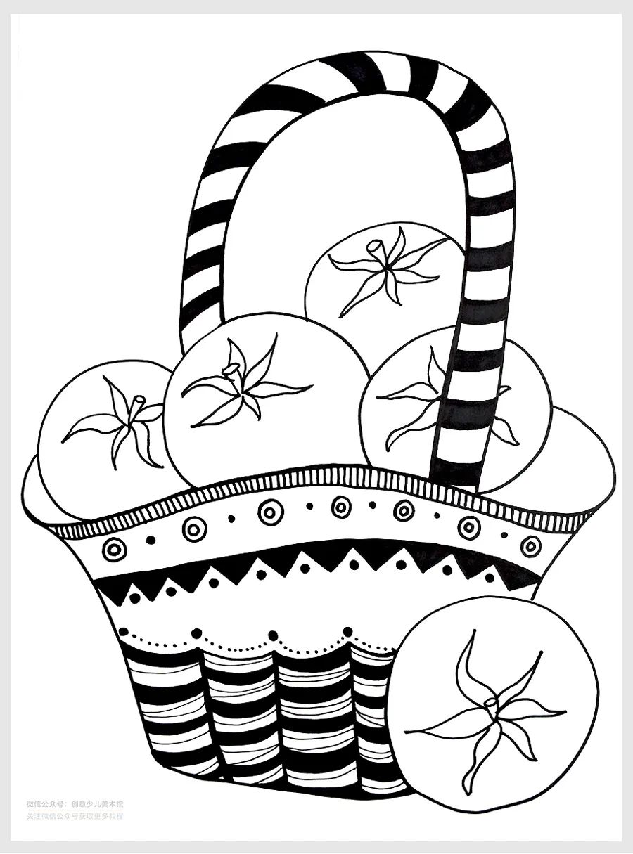 运用疏密变化,丰富的点线面对竹篮进行花纹的装饰用深浅不同的红色