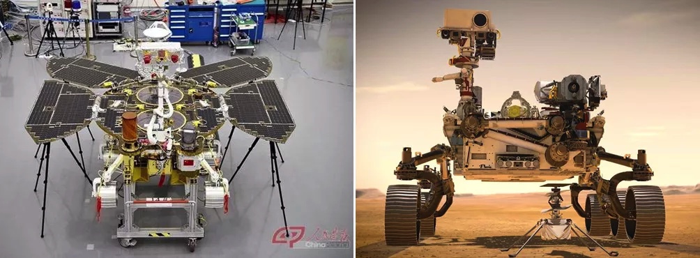 （左）中国祝融号火星车1:1模型 | 人民画报 （右）NASA毅力号火星车和机智号无人机CG模型 | NASA