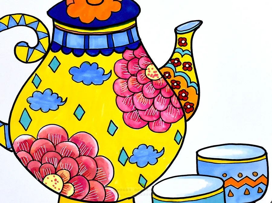 儿童画教程水彩笔创意课程美丽的珐琅彩茶具