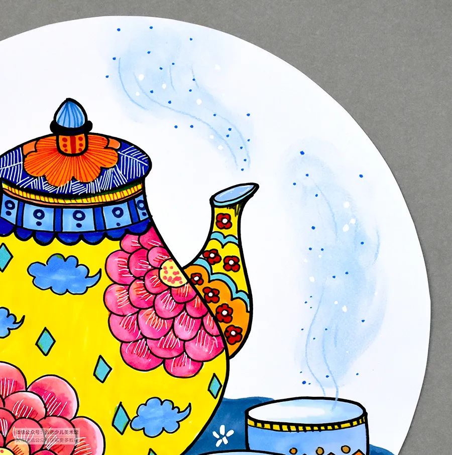 儿童画教程水彩笔创意课程美丽的珐琅彩茶具
