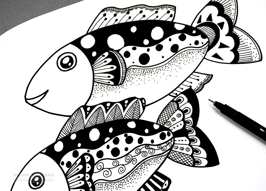 儿童画教程创意线描画自由自在的小鱼儿