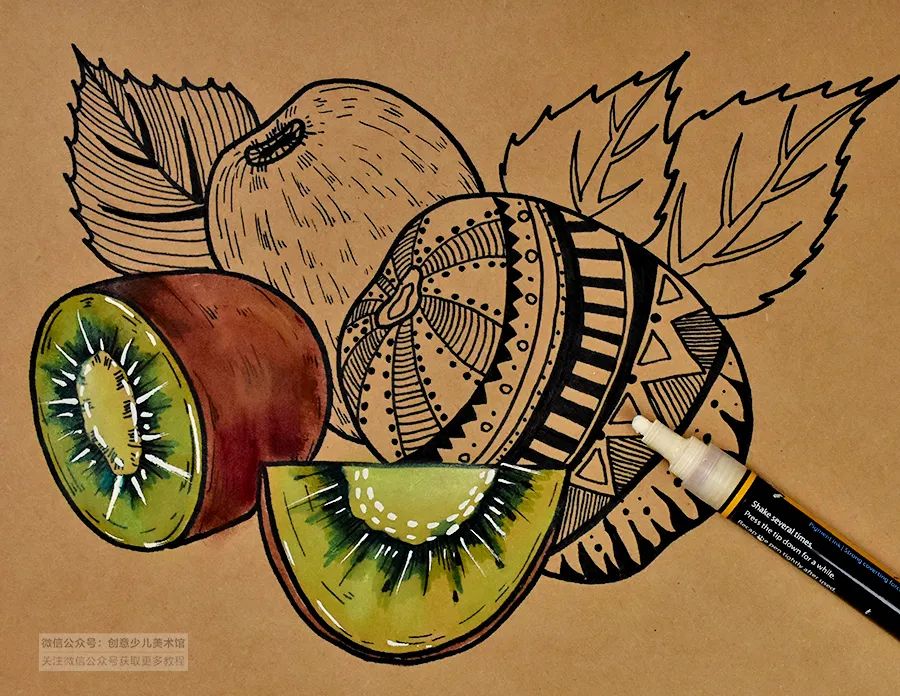 儿童画教程线描与色彩的艺术表现猕猴桃的创意写生