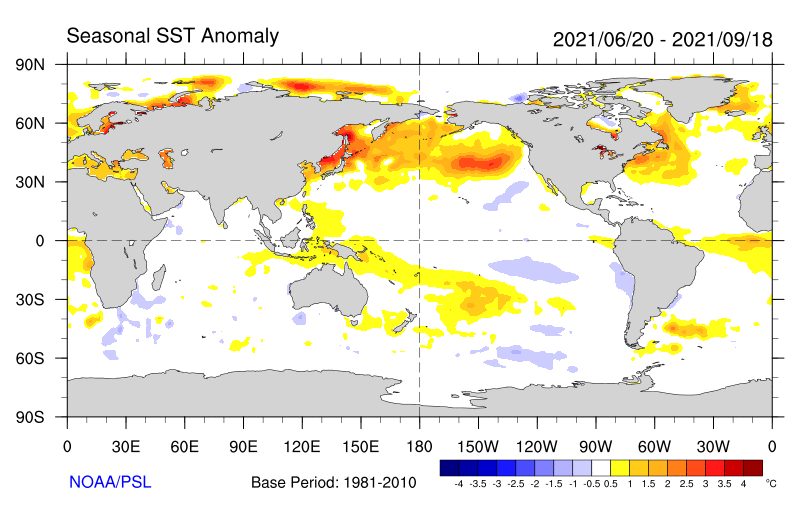 全球海洋表层温度异常距平分析（2021年6月至9月）（图片来源：NOAA美国国家海洋和大气管理局）