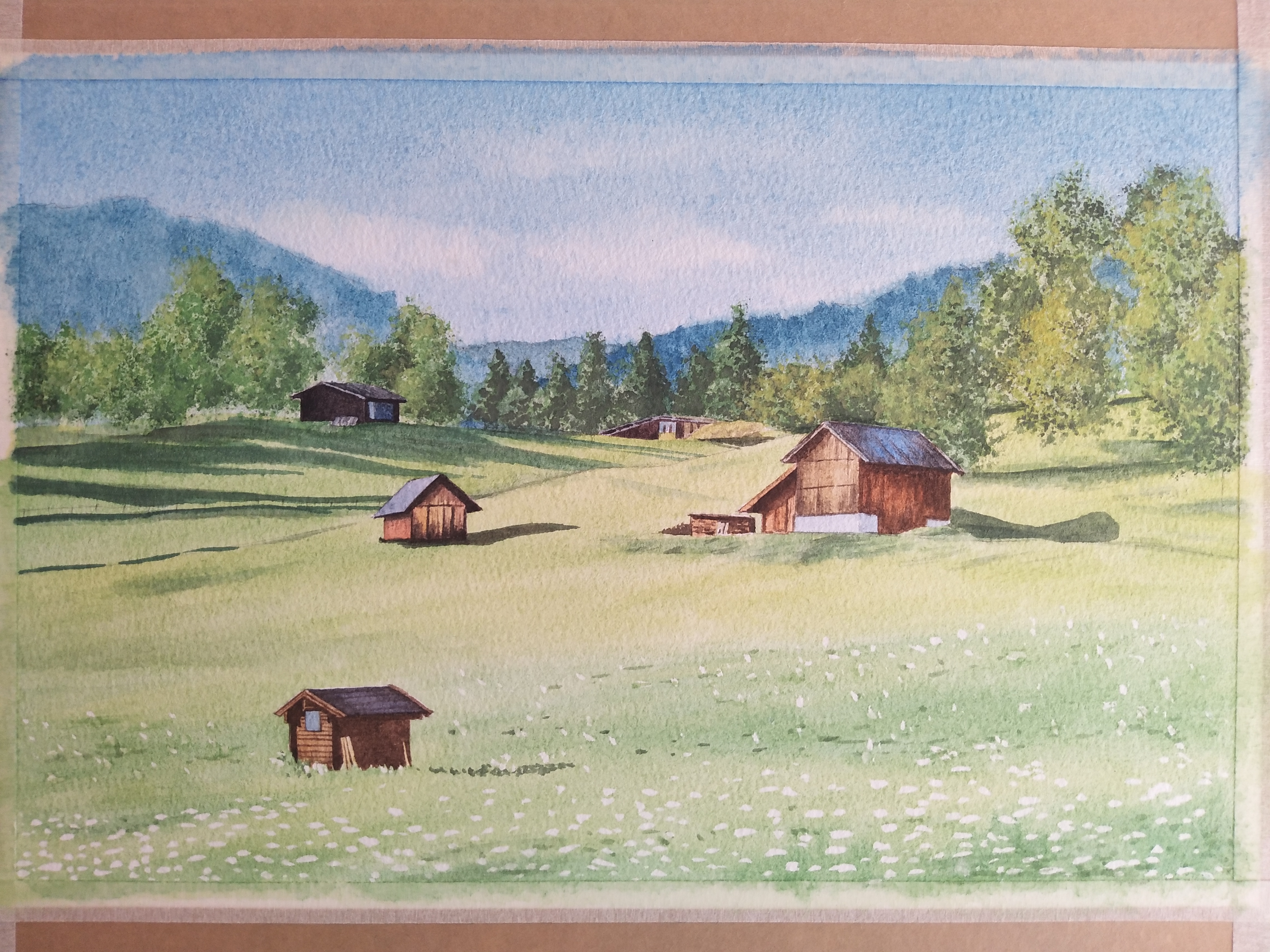 水彩风景美丽的阳光牧场