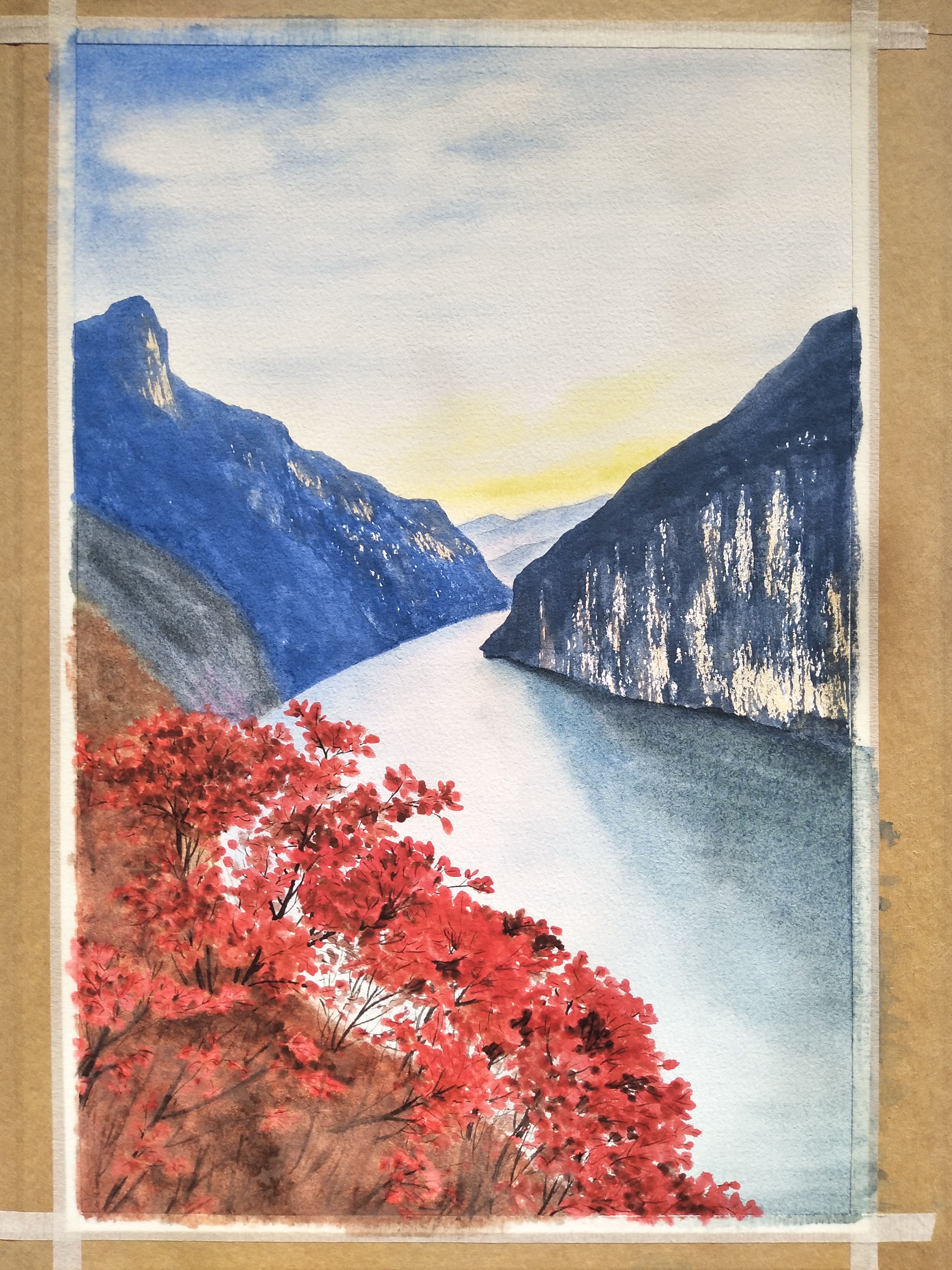 水彩风景――三峡红叶映日迟
