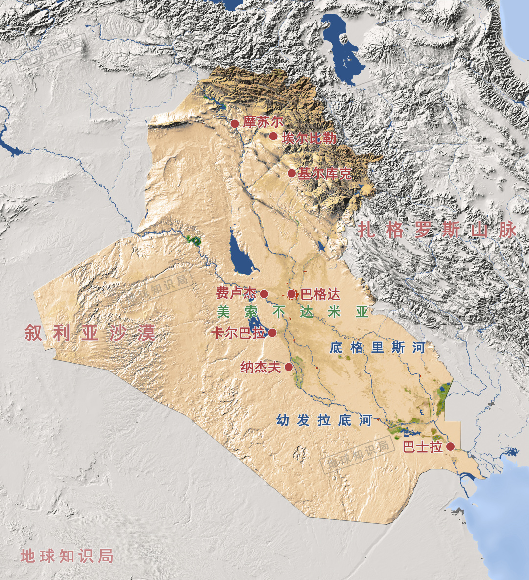 伊拉克大致可以分为西部及西南部沙漠;底格里斯河上游和幼发拉底河上