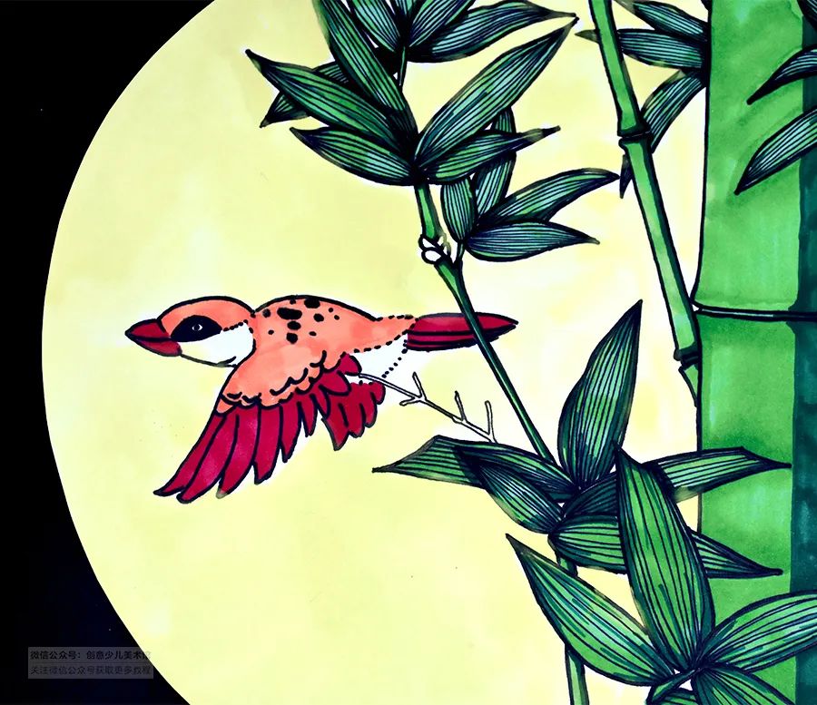 运用水彩笔为画面进行涂色注意小鸟与竹子之间的色彩对比准备白色的
