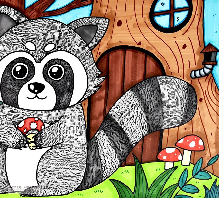 儿童画教程趣味线描与色彩搭配蒙面大盗小浣熊