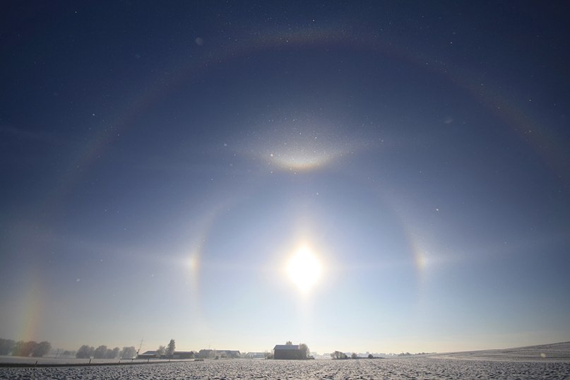 幻日,还有46°晕,环天顶弧,环地平弧,44°幻日,120°幻日,幻日环等等