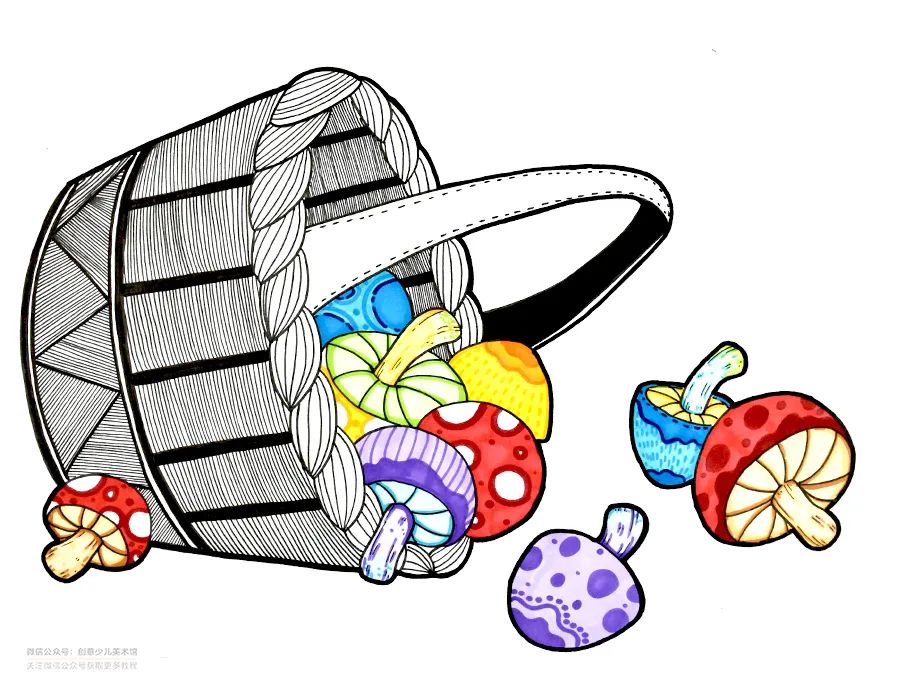 儿童画教程线条与色彩的练习采蘑菇