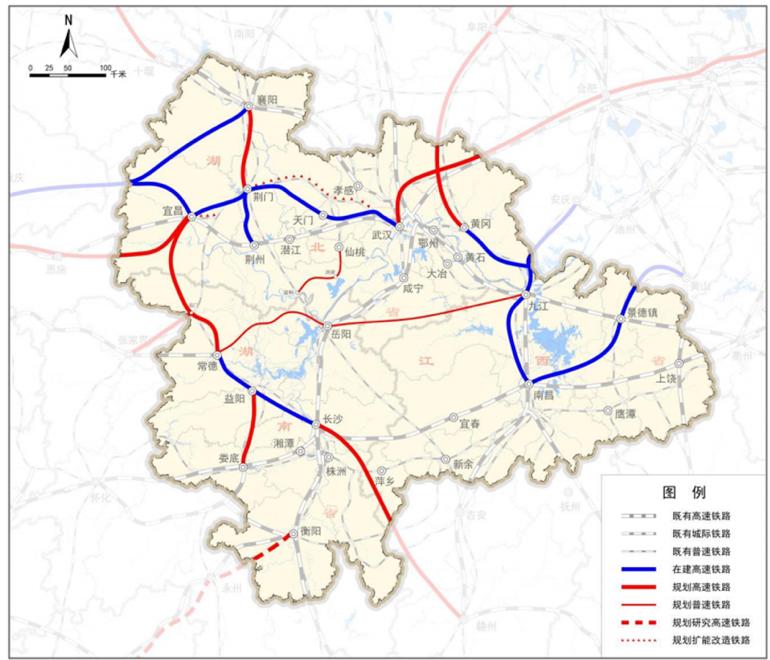 長江中游城市群鐵路網示意圖