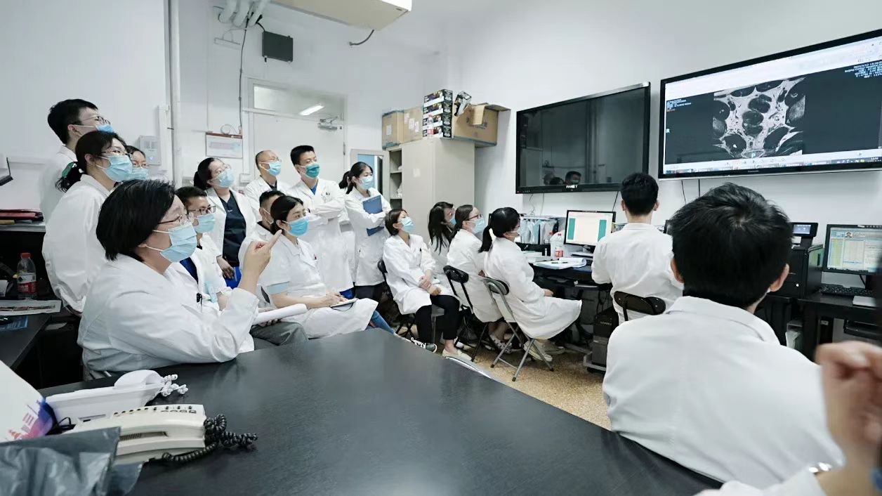 图为沈琳教授与同事们进行课题讲解